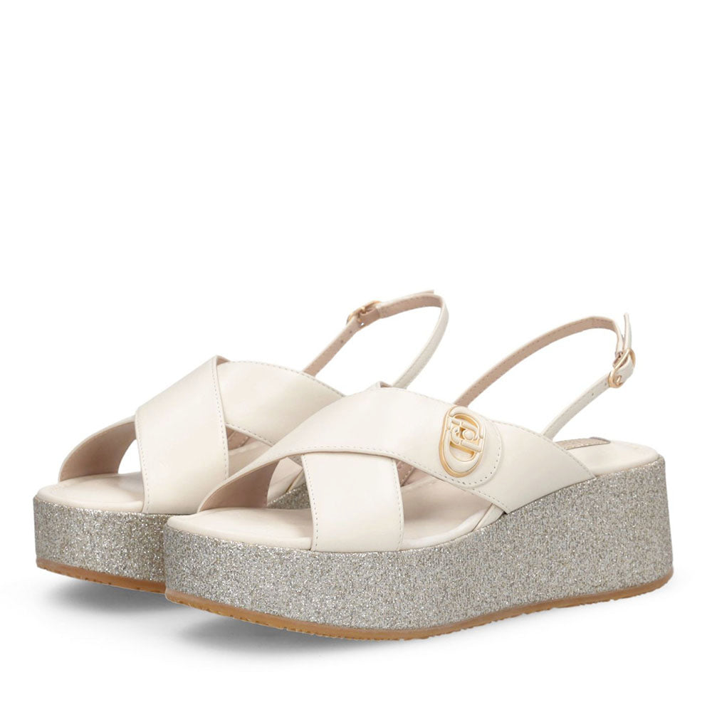 Sandali Donna con Zeppa Glitter LIU JO Flo 03 in Pelle color Latte