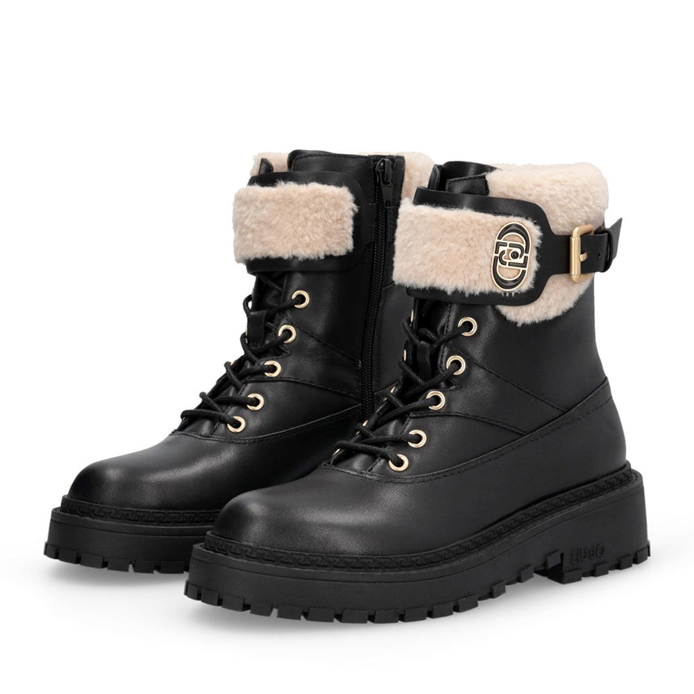 Anfibi Donna LIU JO Rumi 45F in Pelle Nera con Dettagli in Eco Fur