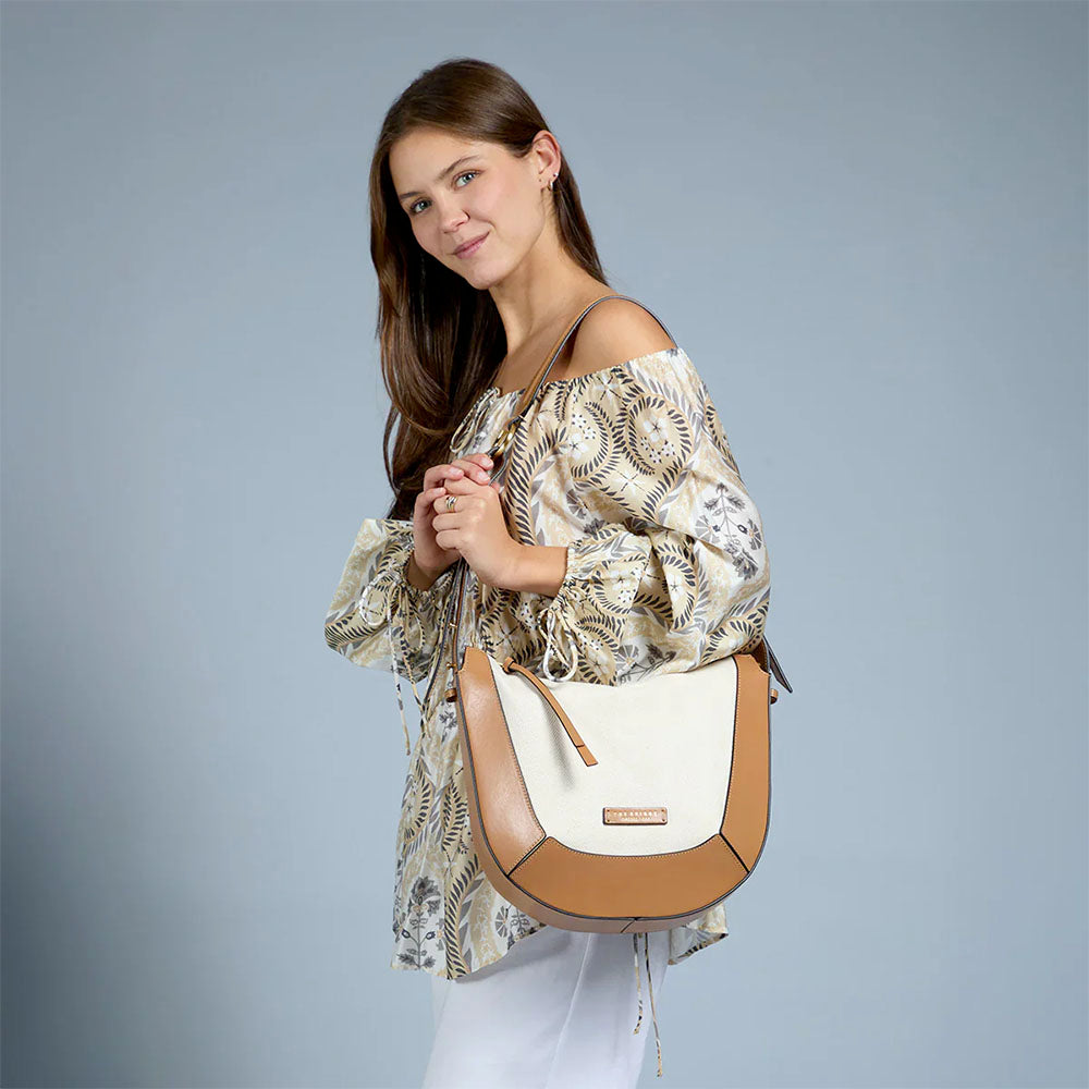 Borsa Donna a Spalla THE BRIDGE linea Fedora in Pelle Beige e Tessuto Bianco
