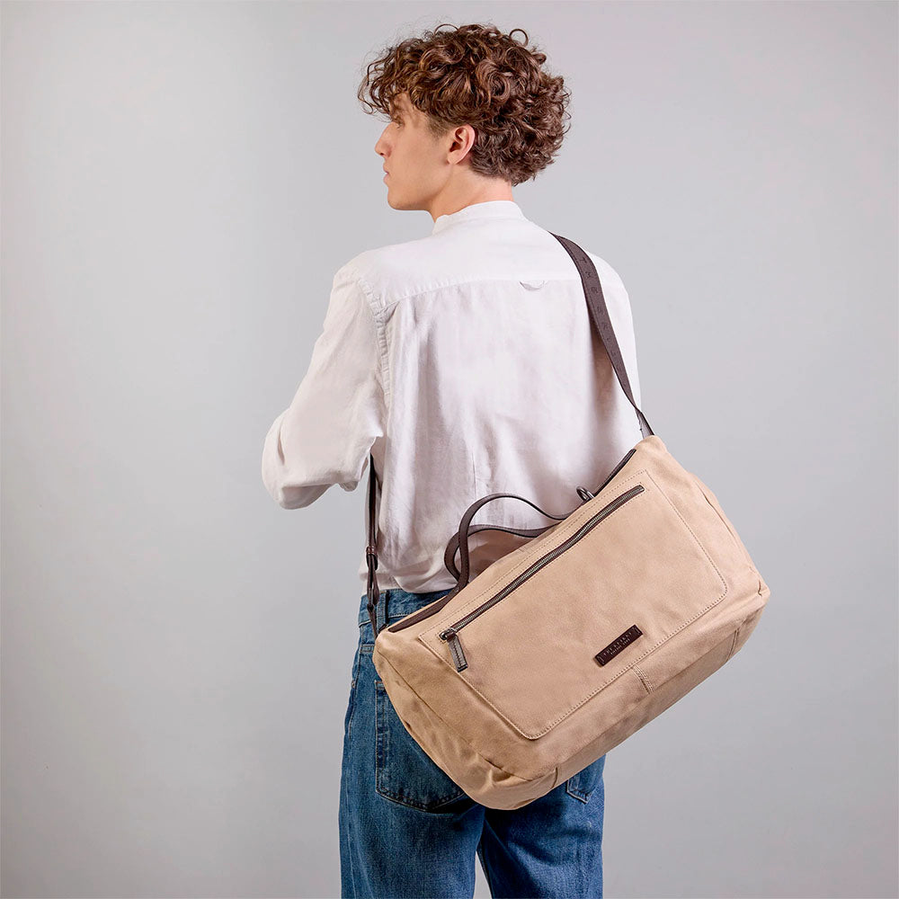 Borsone da Viaggio THE BRIDGE linea Igor in Tessuto Cerato Beige e Pelle Testa di Moro