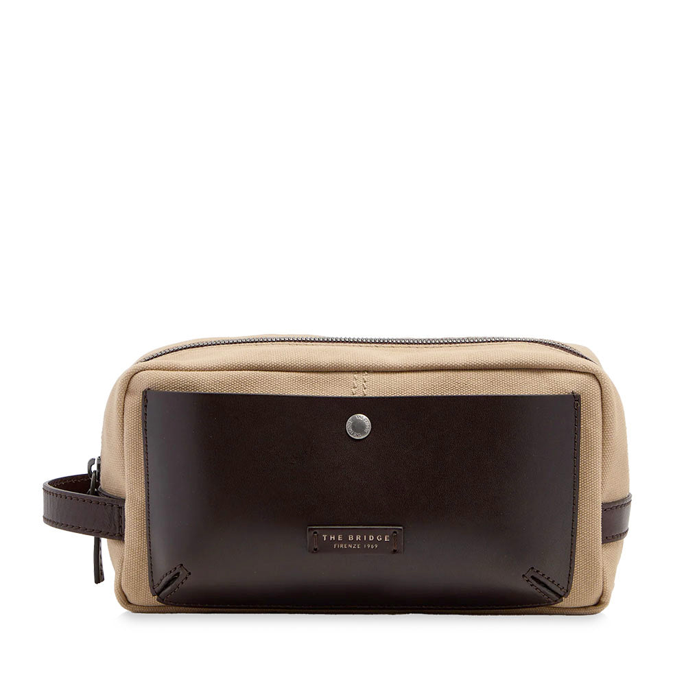 Necessaire Uomo THE BRIDGE linea Igor in Canvas Beige e Pelle Testa di Moro