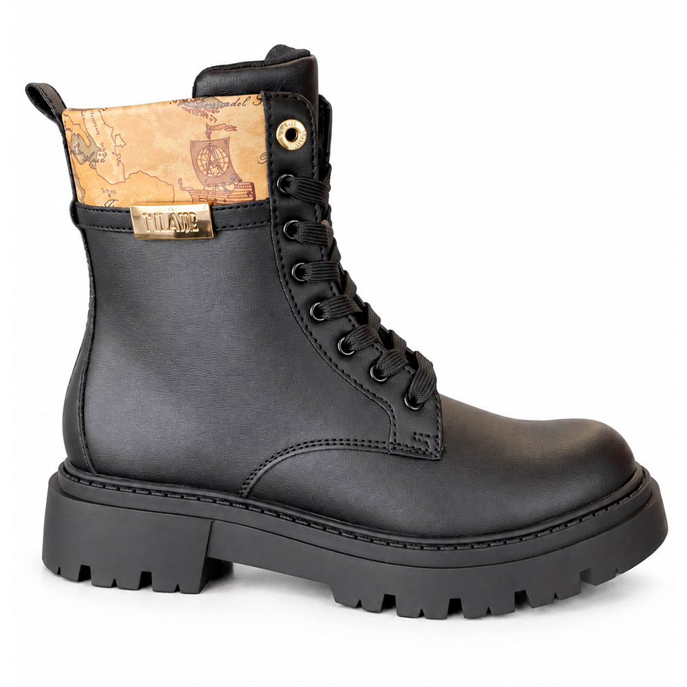 Black Faux Nappa Combat Boots with Beige Geo Inserts 1A Classe ALVIERO MARTINI 2569