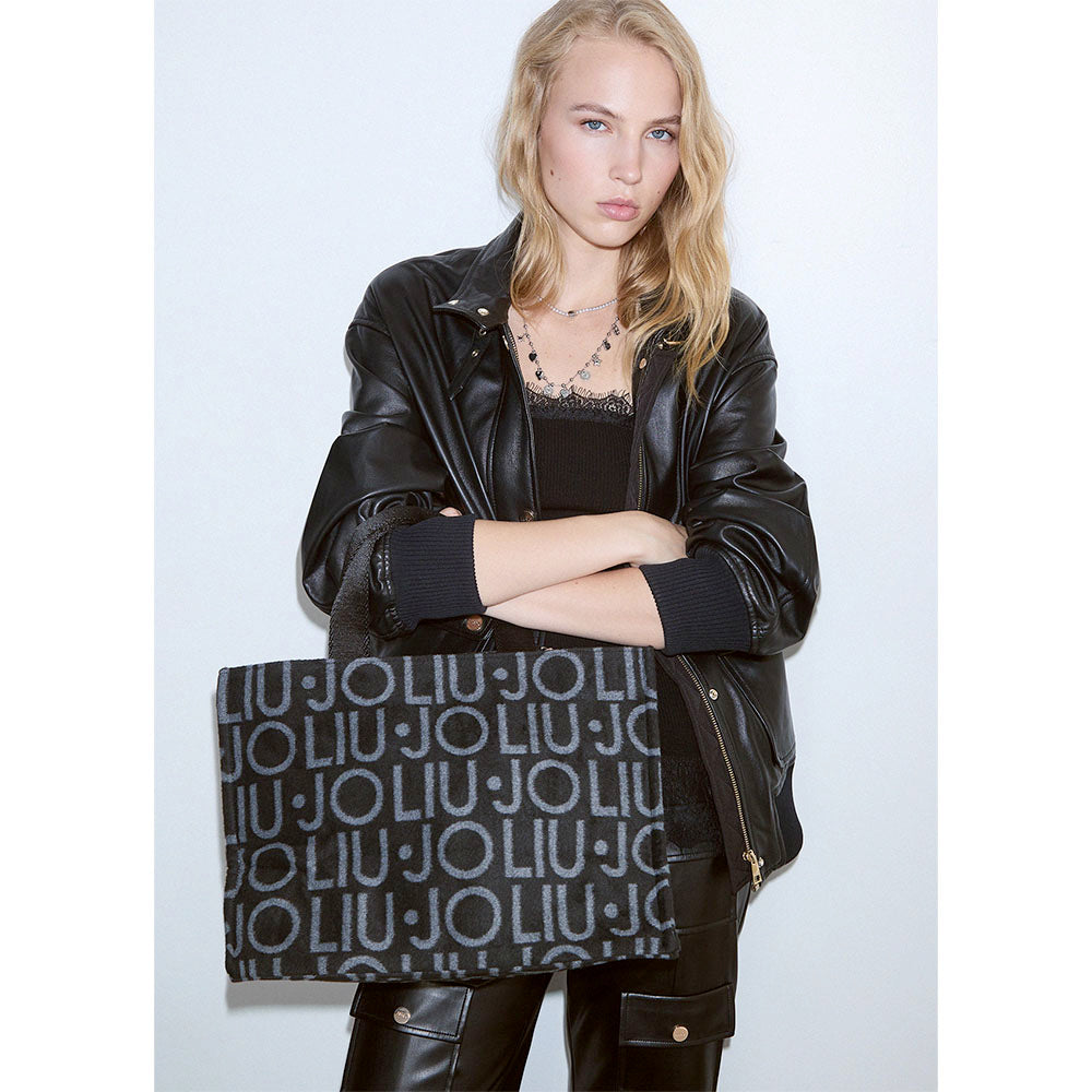 Tote Bag Donna LIU JO in Tessuto Jacquard Nero con Logo All Over