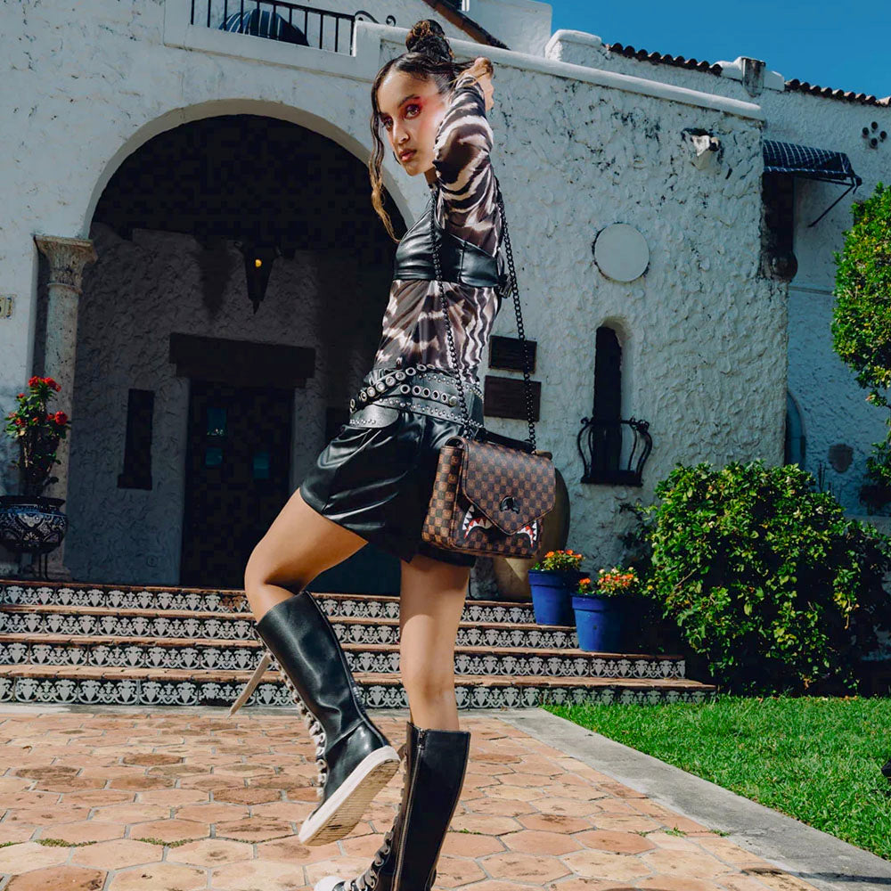 Borsa Donna a Mano SPRAYGROUND stampa Sharks in Paris WTF Bubble Brown Check