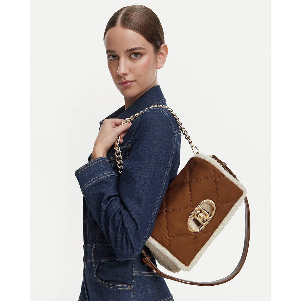 Borsa Donna a Spalla LIU JO linea La Puffy Media in Tessuto effetto Camoscio Marrone e inserti Teddy color Crema