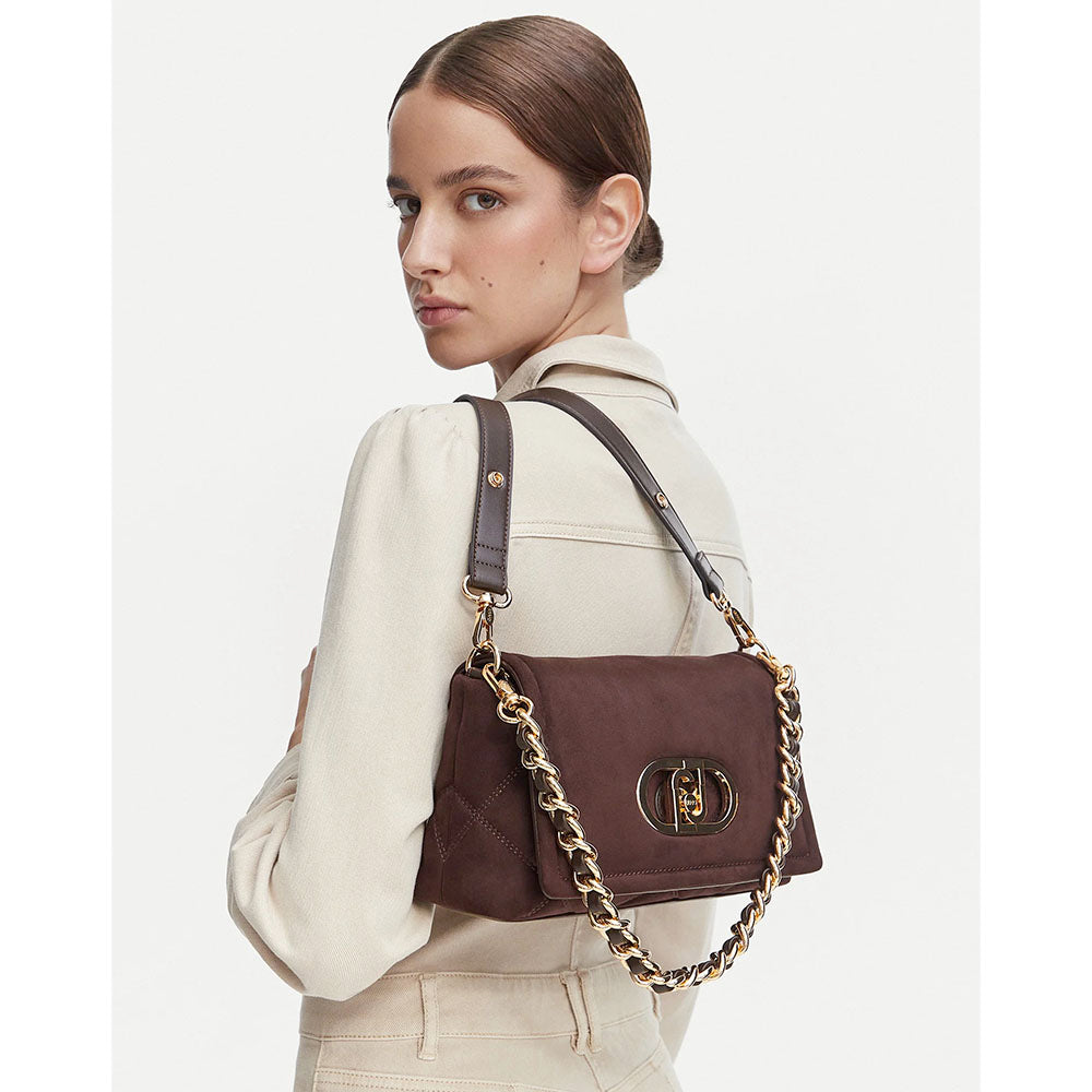 Borsa Donna a Spalla LIU JO linea La Puffy Media in Microfibra effetto Camoscio con inserti Trapuntati Marrone Scuro