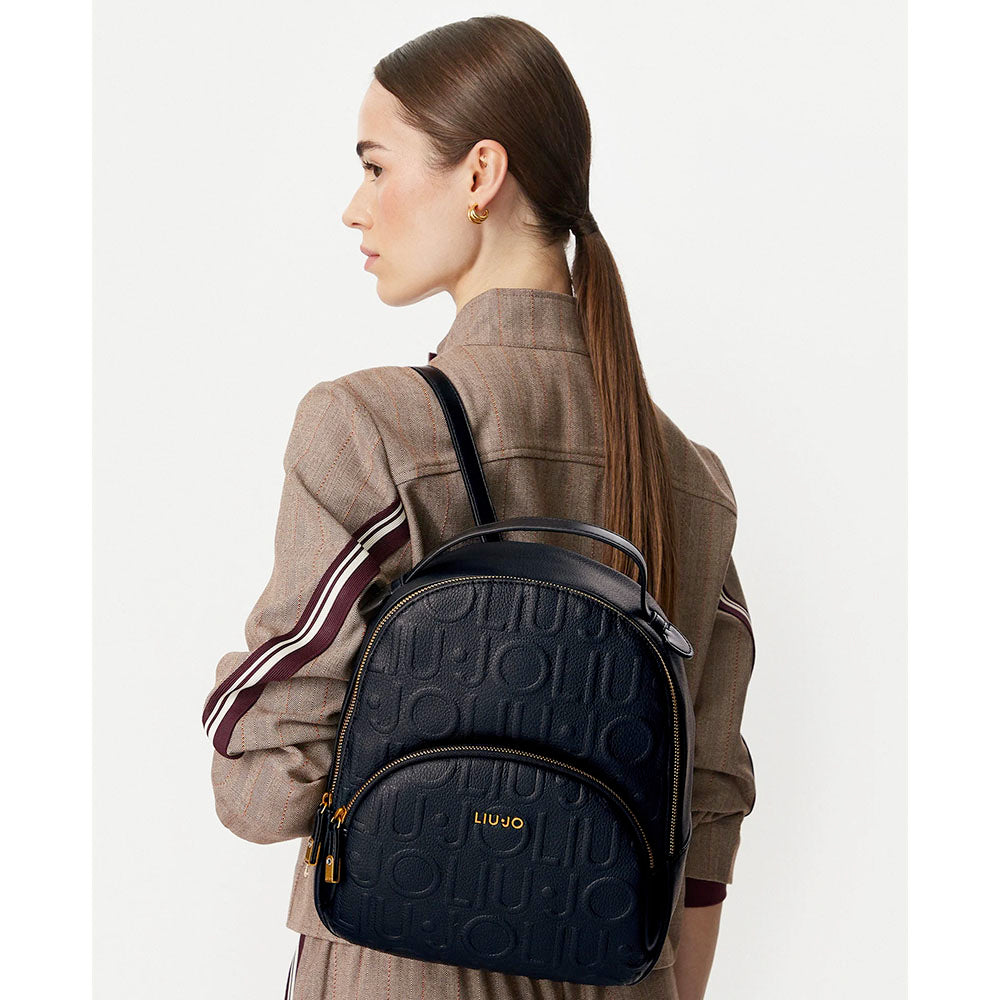 LIU JO Damenrucksack aus schwarzem Kunstleder mit geprägtem Logo