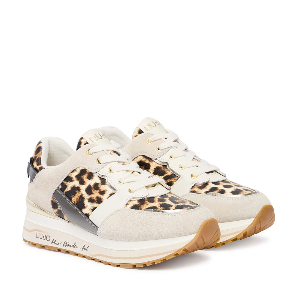Sneakers Platform Donna LIU JO Maxi Wonder 91 in Suede Beige con Inserti stampa Animalier