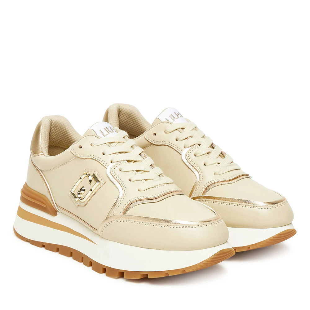 Sneakers Platform Donna LIU JO Amazing 25 in Pelle Beige e Inserti Laminati Oro