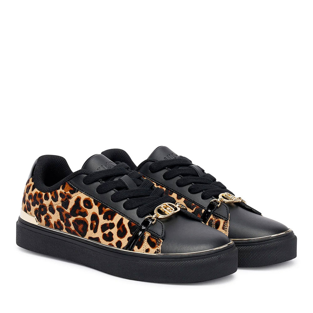 Sneakers Donna LIU JO Kiki 01 in Pelle Nera e Inserti in Cavallino stampa Animalier