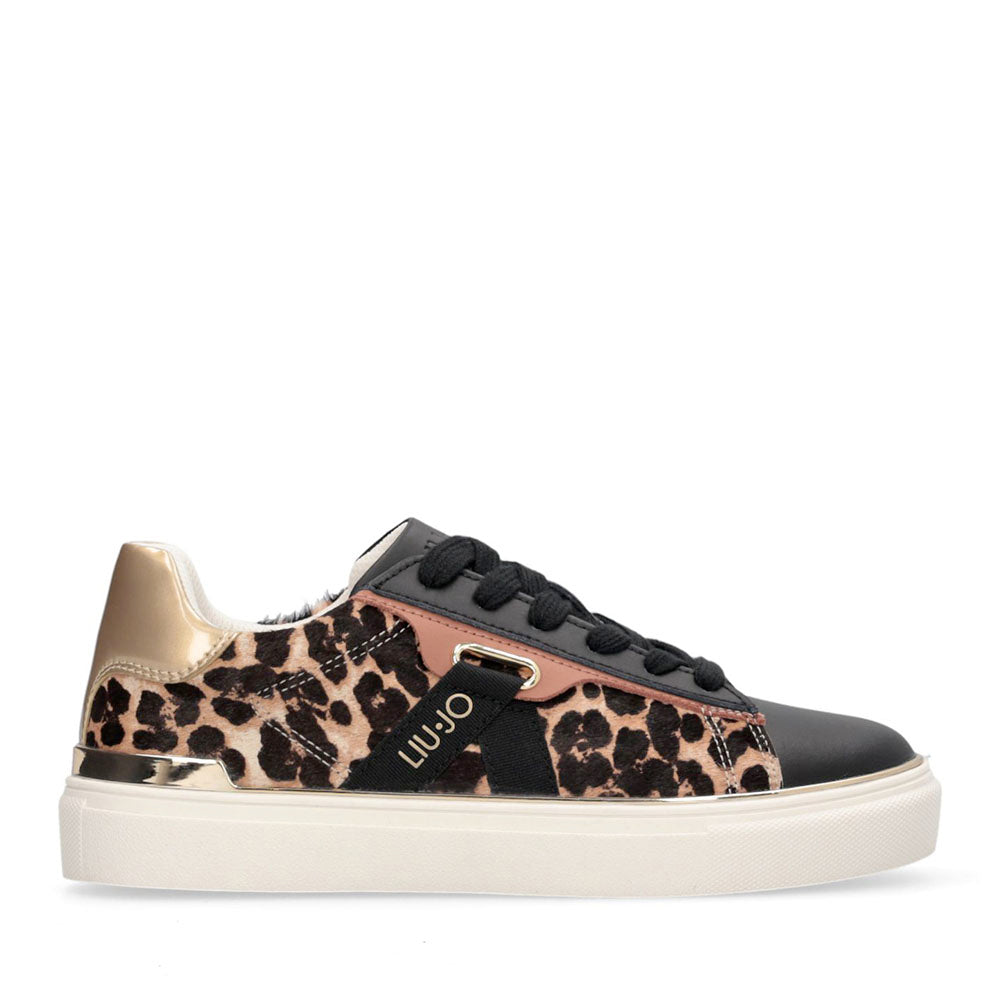 Sneakers Donna LIU JO Kiki 04 in Pelle Nera con Inserti Effetto Cavallino Leopardato