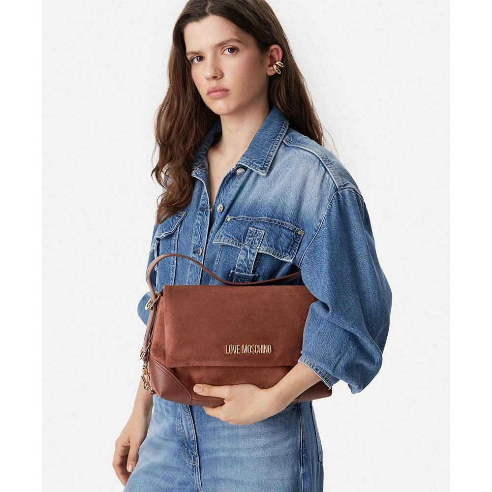 Borsa Donna a Spalla LOVE MOSCHINO linea Signature Zip in Velour color Cuoio