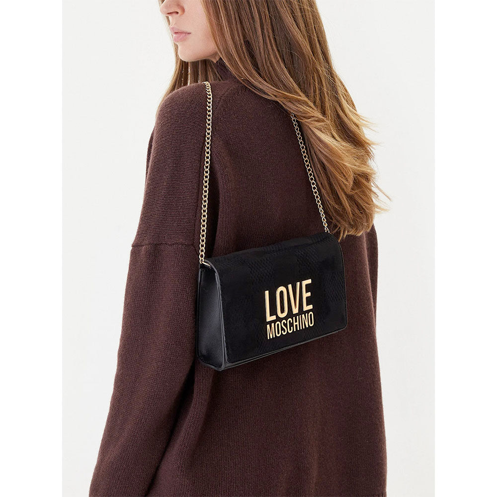 Clutch Donna con Tracolla LOVE MOSCHINO linea Gold Metal Logo in Tessuto Soft Nero