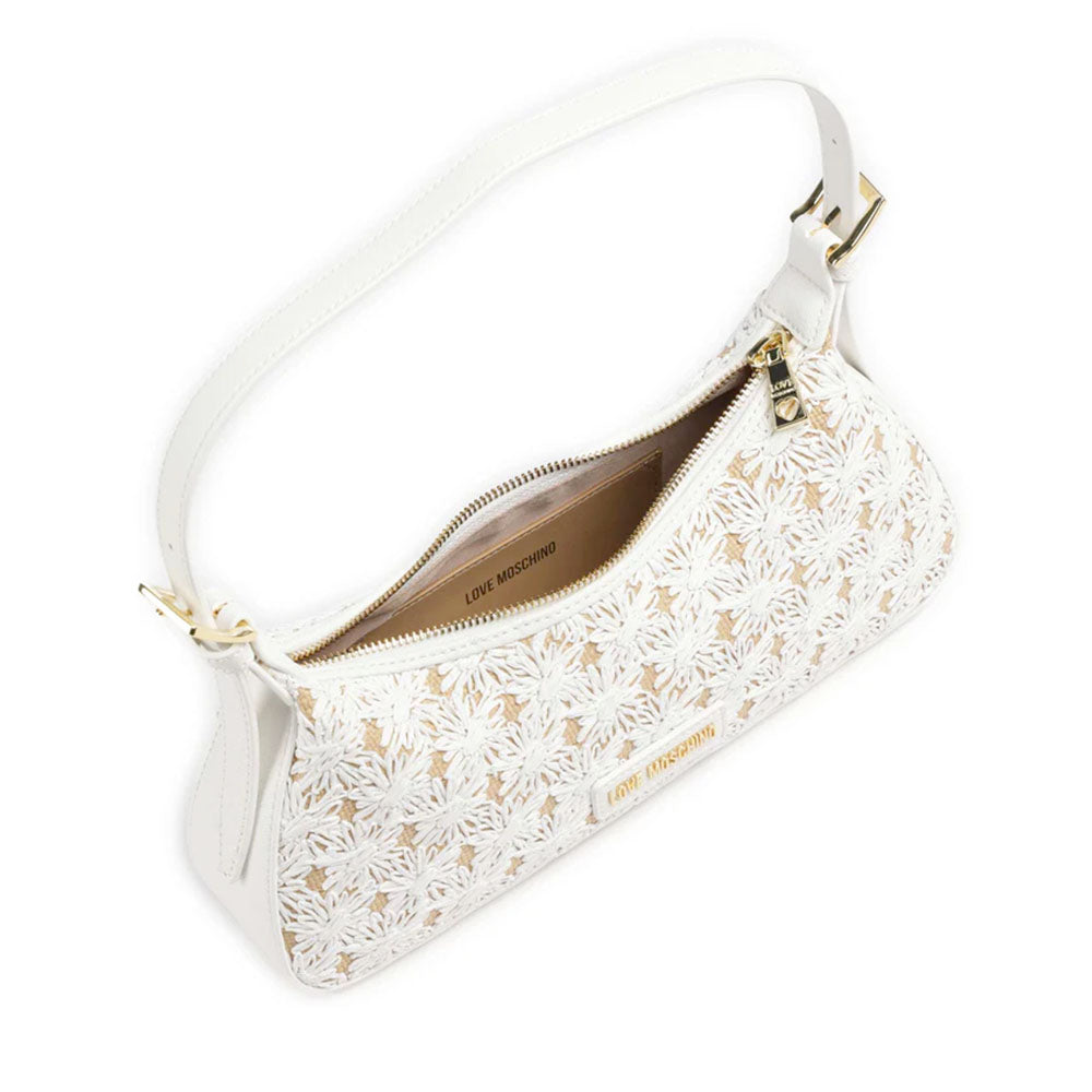 Damen-Schultertasche LOVE MOSCHINO Modell Daisy aus Kunstleder und Bast in Weiß