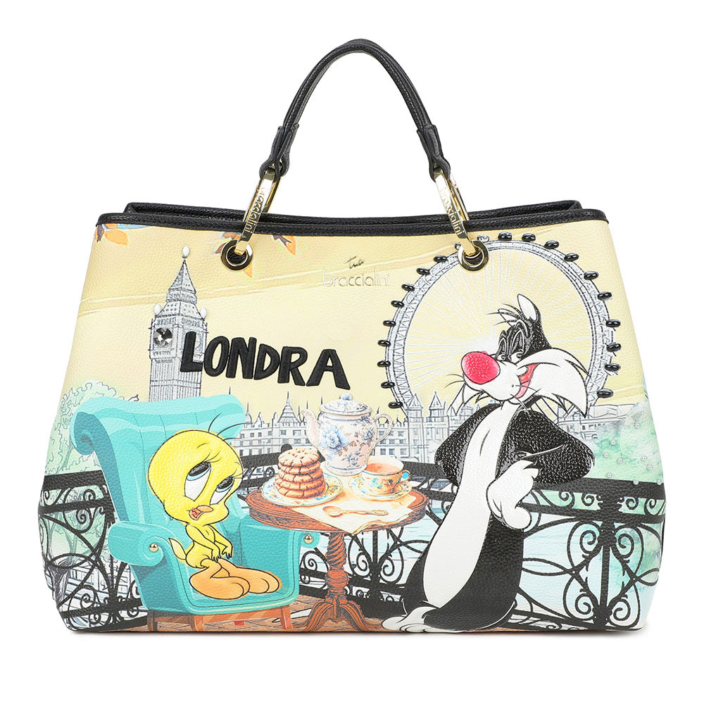Borsa Donna a Mano Large BRACCIALINI linea Cartoline Looney Tunes stampa Londra