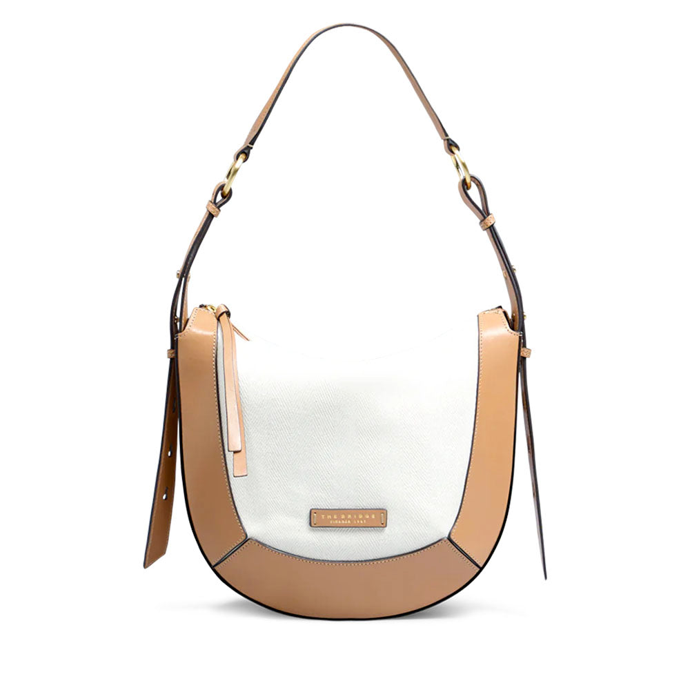 Borsa Donna a Spalla THE BRIDGE linea Fedora in Pelle Beige e Tessuto Bianco
