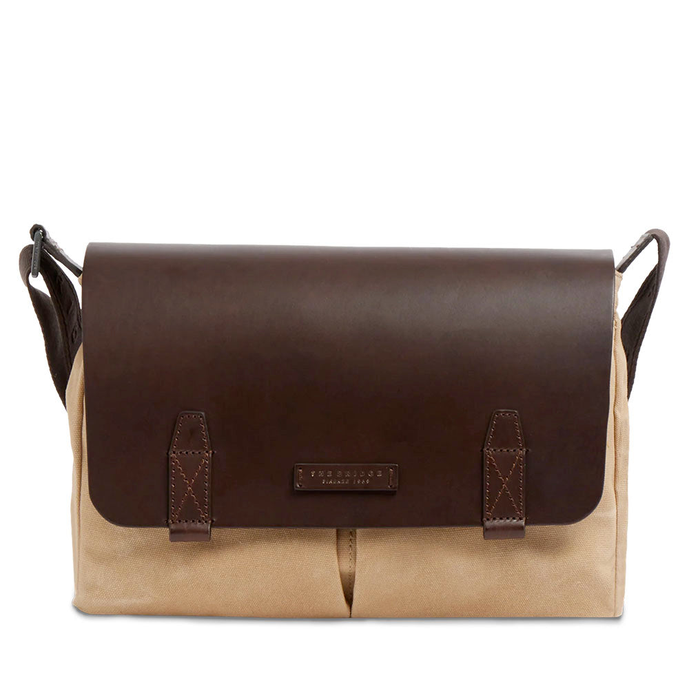 Messenger Uomo THE BRIDGE linea Igor in Tessuto Cerato Beige e Pelle Testa di Moro