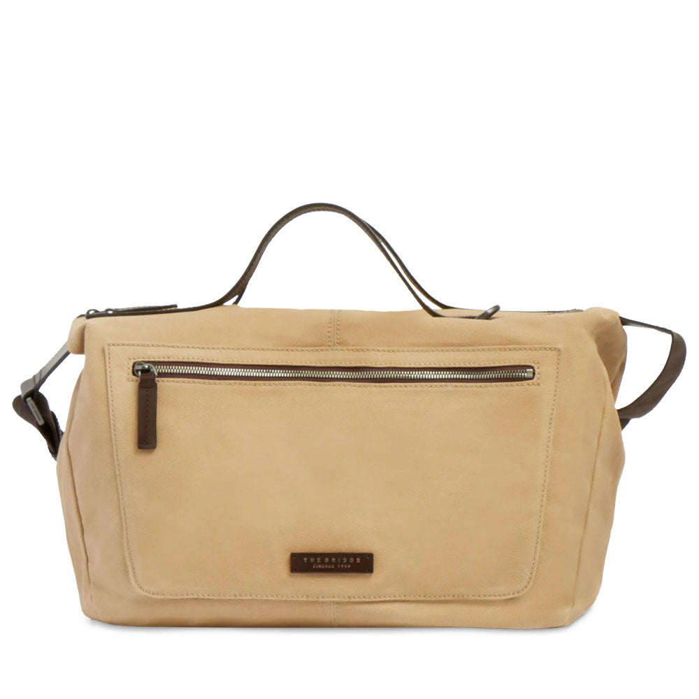 Borsone da Viaggio THE BRIDGE linea Igor in Tessuto Cerato Beige e Pelle Testa di Moro