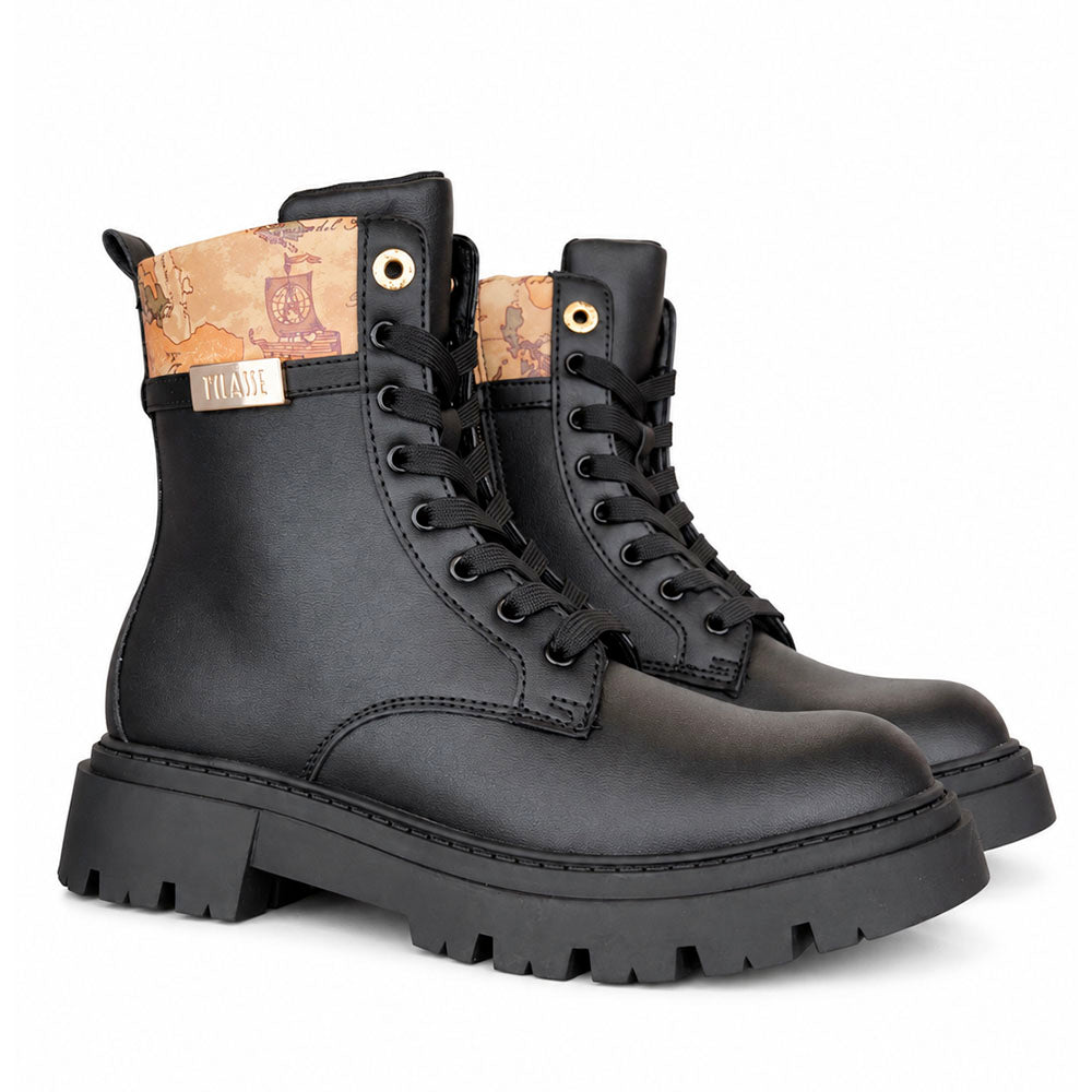 Black Faux Nappa Combat Boots with Beige Geo Inserts 1A Classe ALVIERO MARTINI 2569