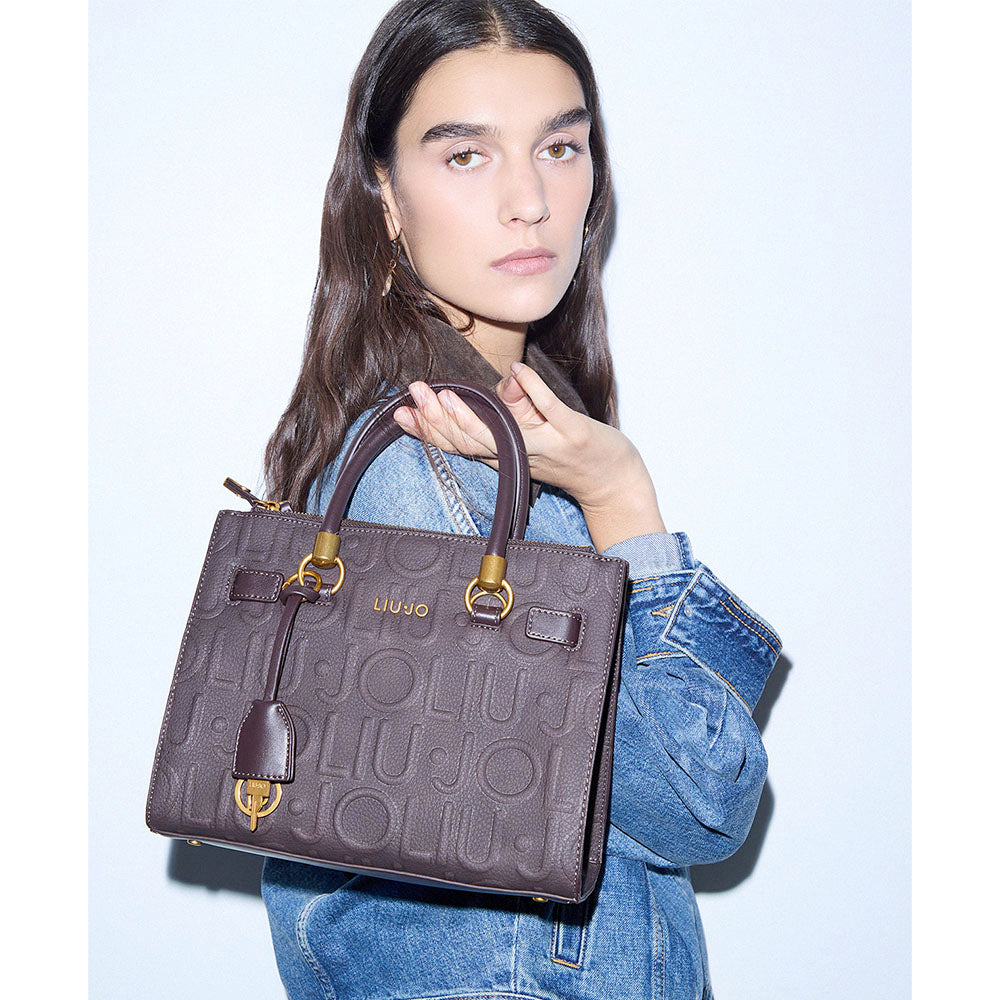 Borsa Donna a Mano Small LIU JO in Ecopelle Marrone Scuro con Logo in Rilievo All Over