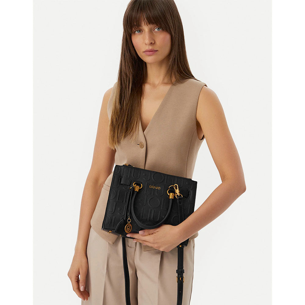Borsa Donna a Mano Small LIU JO in Ecopelle Nera con Logo in Rilievo All Over