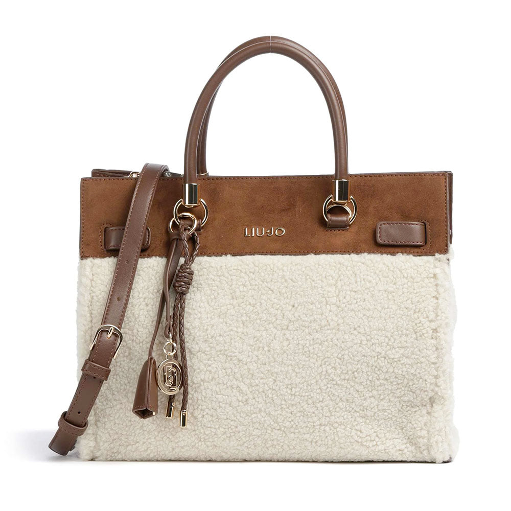 Borsa Donna a Mano Media LIU JO in Tessuto Teddy color Crema e Inserto effetto Suede
