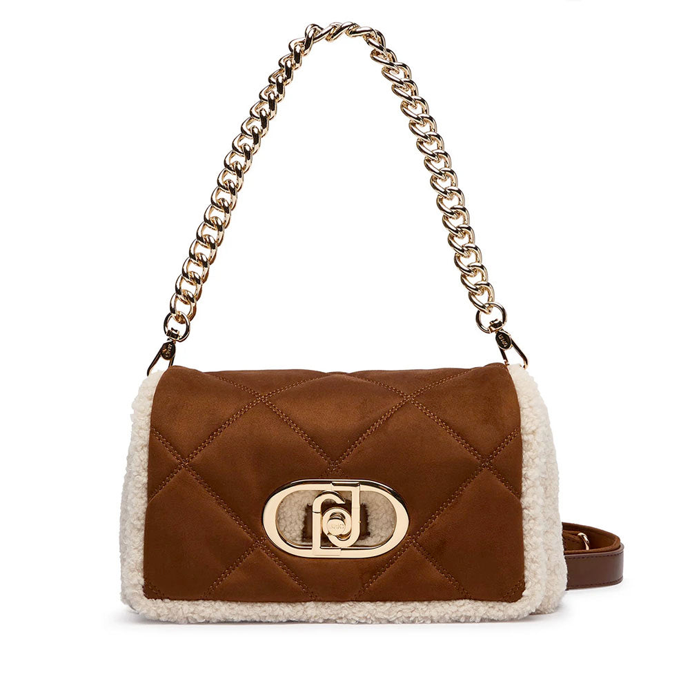 Borsa Donna a Spalla LIU JO linea La Puffy Media in Tessuto effetto Camoscio Marrone e inserti Teddy color Crema
