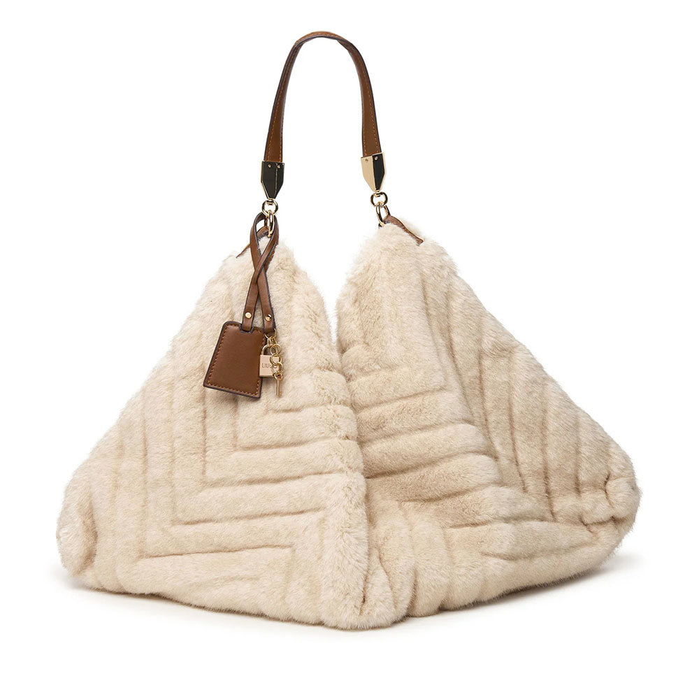 Maxi Borsa Donna a Spalla LIU JO in Pelliccia Sintetica Trapuntata color Crema