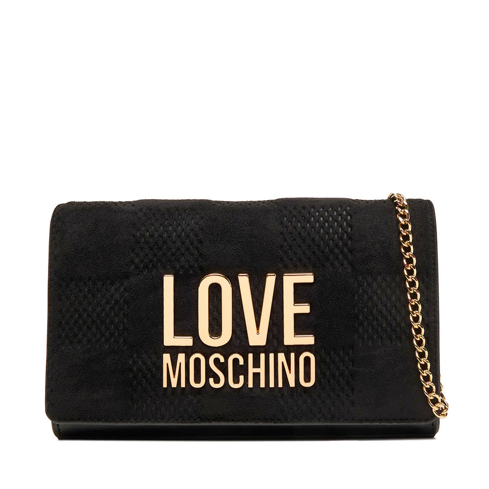 Clutch Donna con Tracolla LOVE MOSCHINO linea Gold Metal Logo in Tessuto Soft Nero