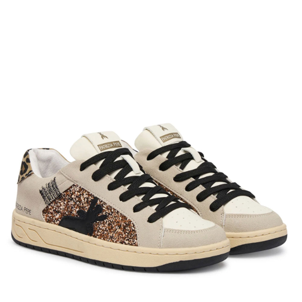 Sneakers PATRIZIA PEPE Girl linea Fly Crazy Kids in Suede Beige e Glitter Bronzo