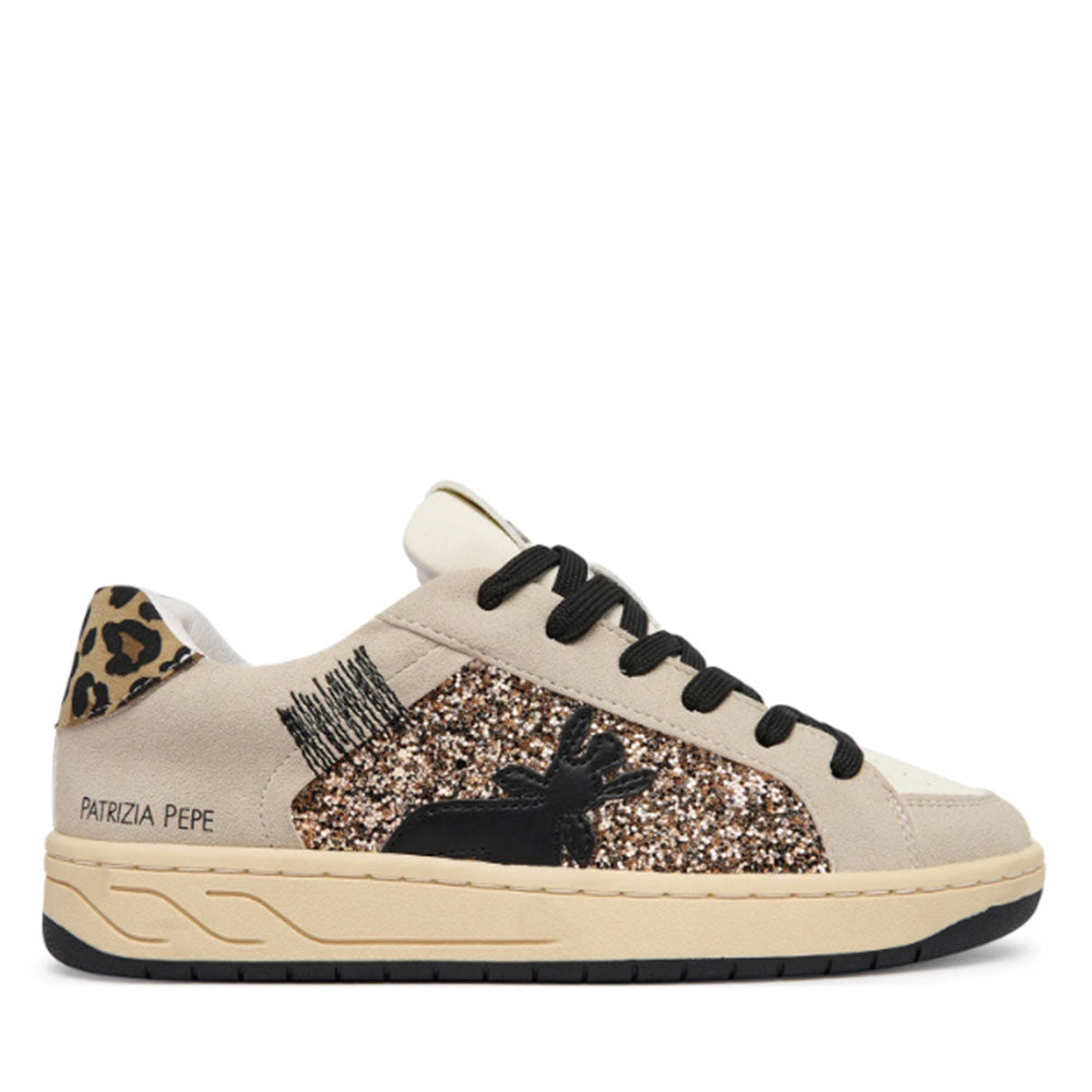 Sneakers PATRIZIA PEPE Girl linea Fly Crazy Kids in Suede Beige e Glitter Bronzo