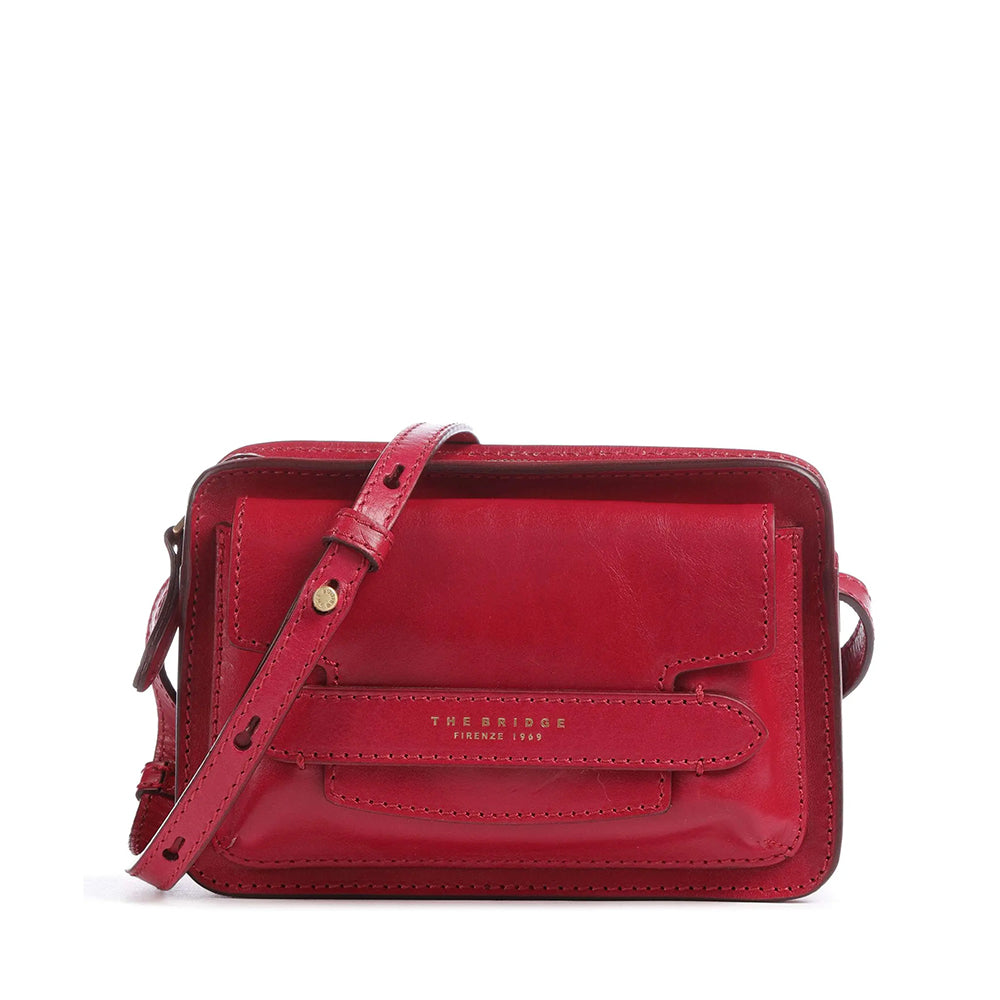 Kameratasche Damen-Umhängetasche THE BRIDGE Lucrezia-Linie aus beerenfarbenem Leder