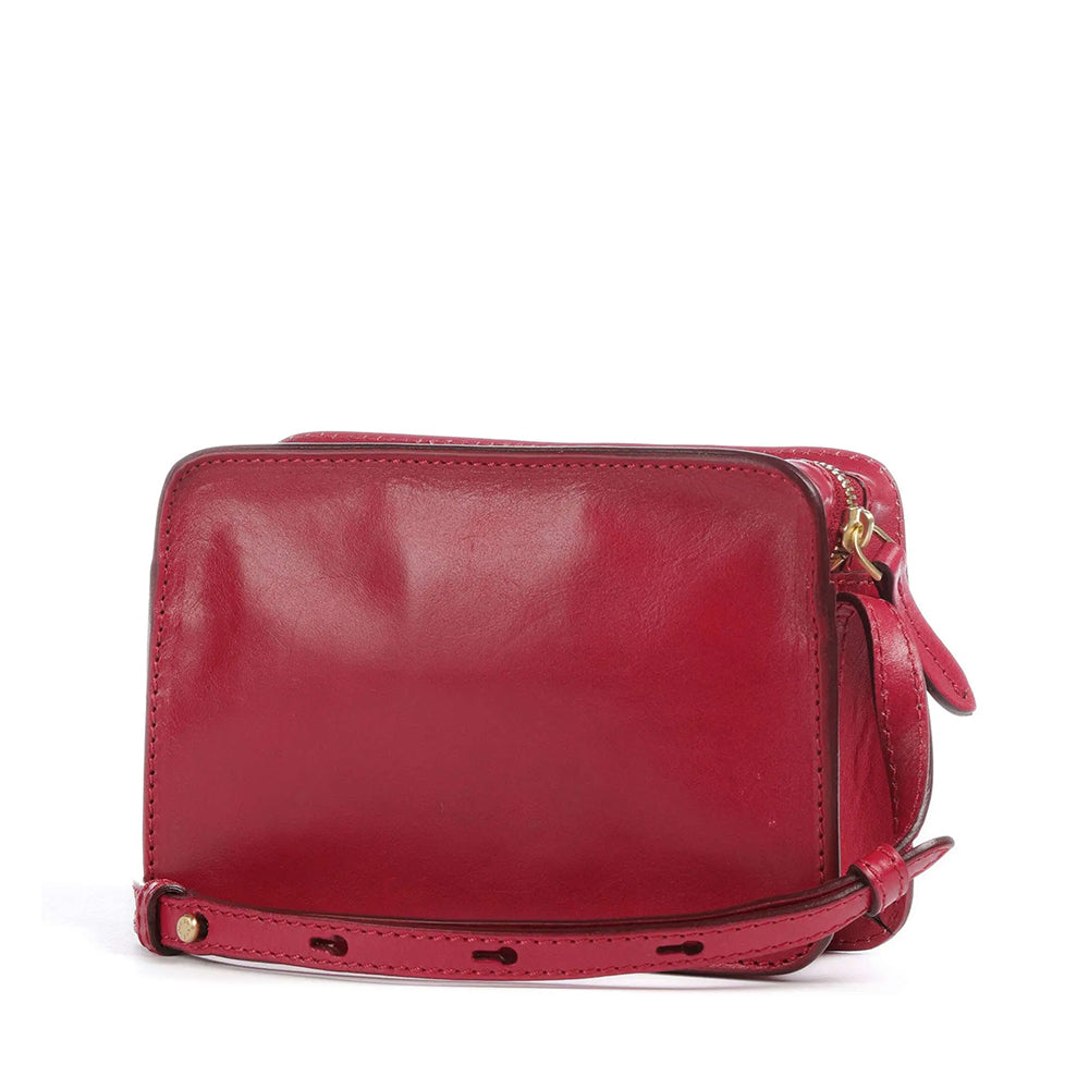 Kameratasche Damen-Umhängetasche THE BRIDGE Lucrezia-Linie aus beerenfarbenem Leder