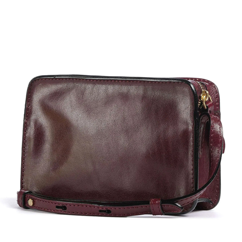 Damen-Umhängetasche/Kameratasche THE BRIDGE Lucrezia-Linie aus traubenfarbenem Leder