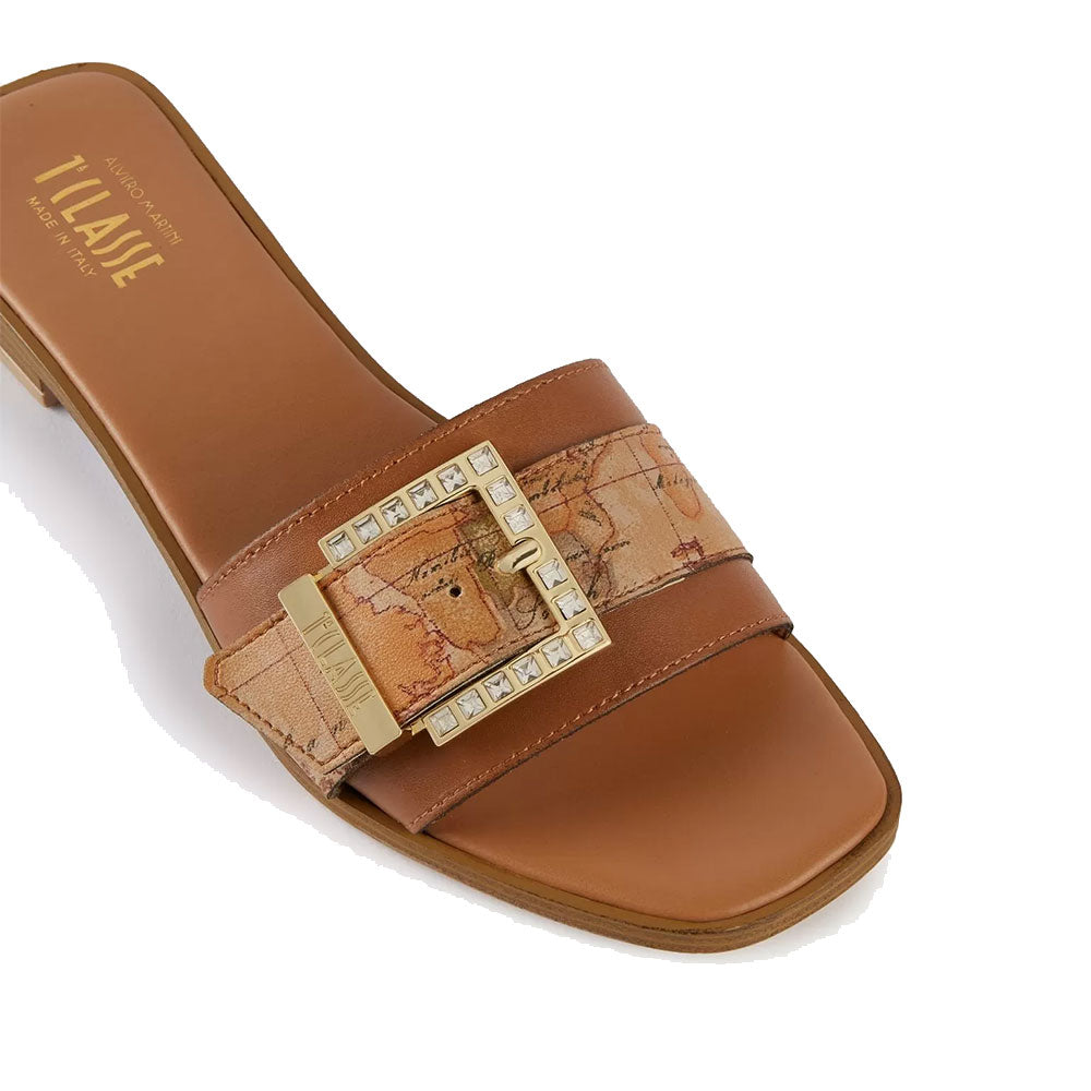 Ciabatte Donna 1A Classe Alviero Martini in Pelle Marrone con Inserto Geo Classic e Fibbia Gioiello 0765