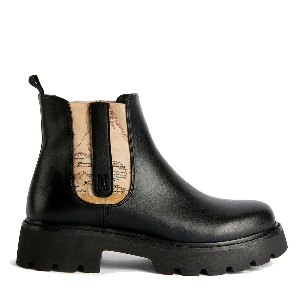 Stivaletti Beatles Donna 1A Classe Alviero Martini in Eco Nappa Nera con Inserto Elastico stampa Geo Classic 1237