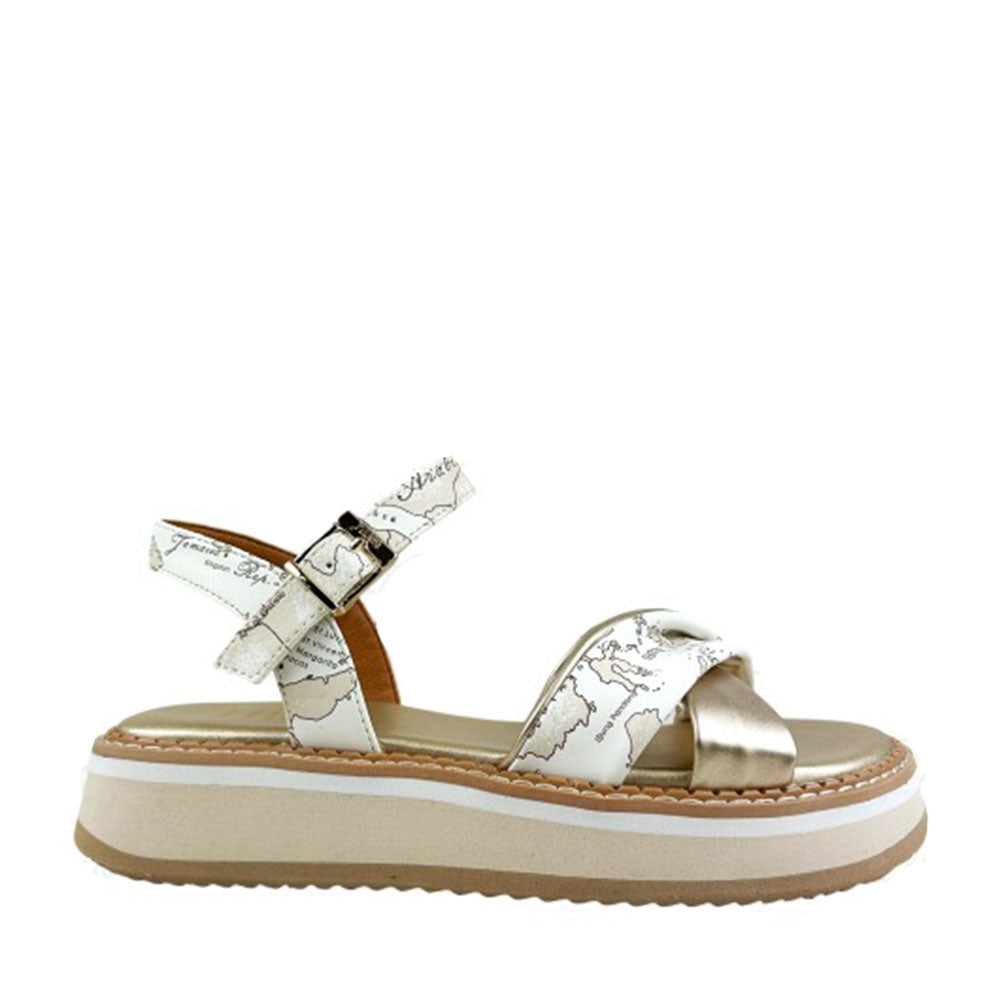 Sandali Platform 1A Classe Alviero Martini stampa Milk Geo con Inserti Platino 2174