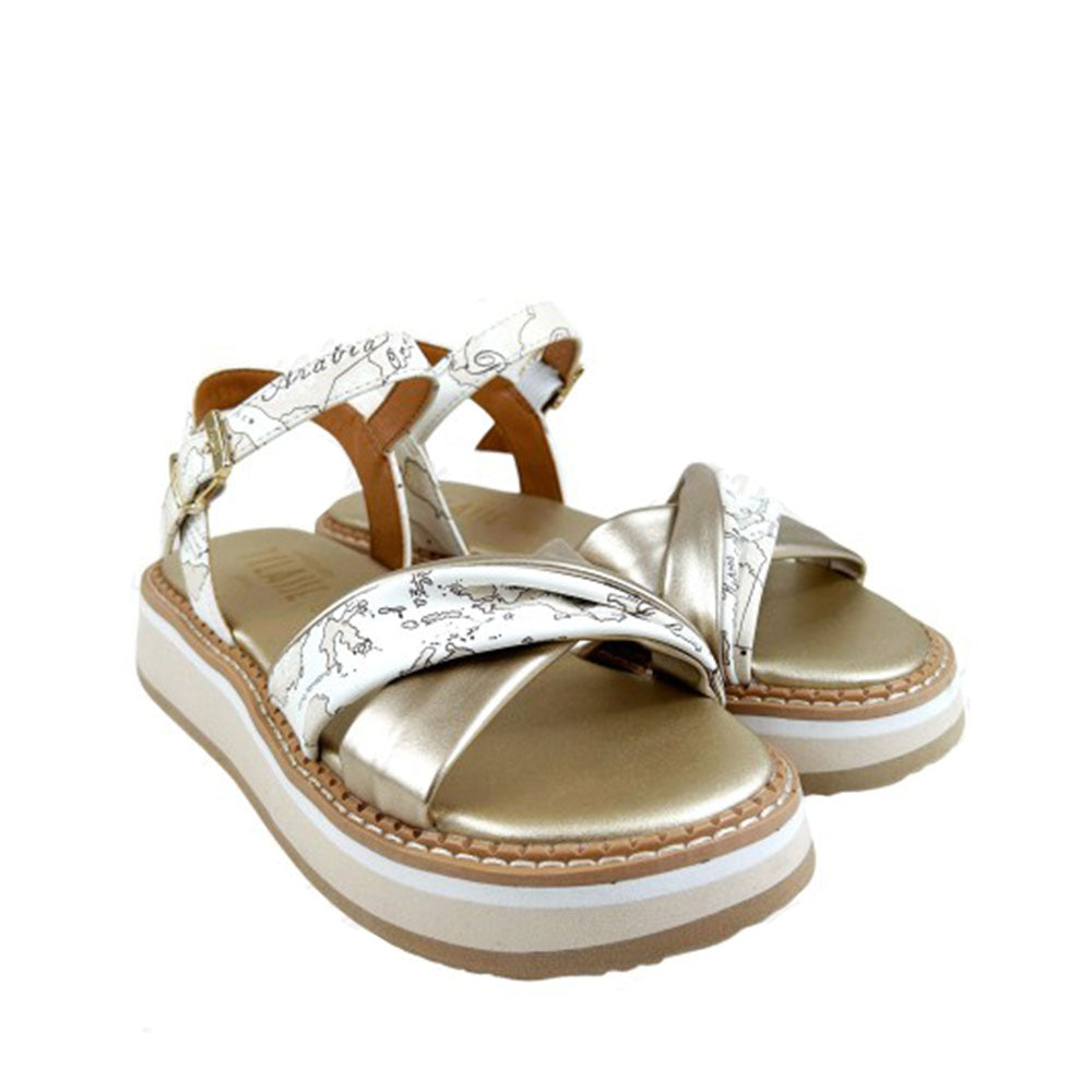 Sandali Platform 1A Classe Alviero Martini stampa Milk Geo con Inserti Platino 2174