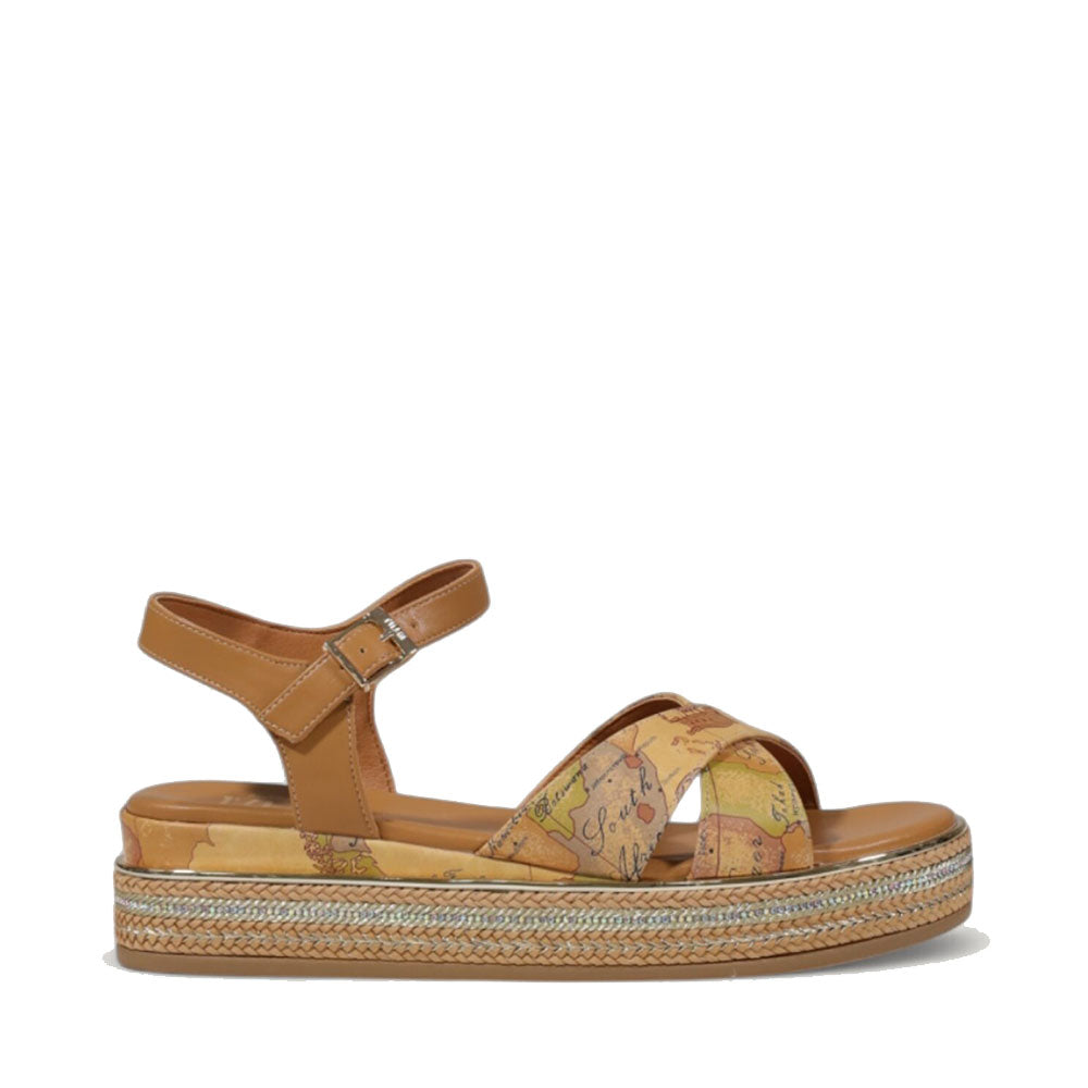 Sandali Platform 1A Classe Alviero Martini stampa Geo Beige con Inserti color Cuoio 2183