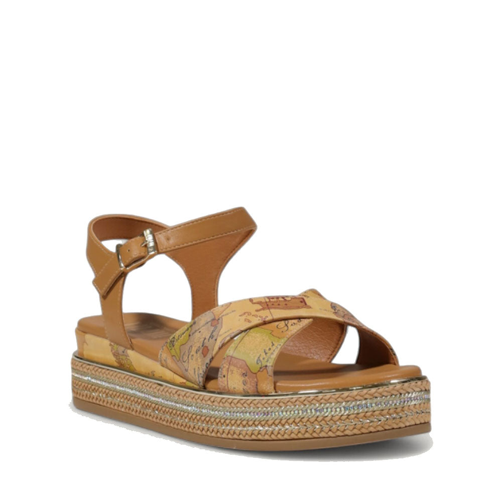 Sandali Platform 1A Classe Alviero Martini stampa Geo Beige con Inserti color Cuoio 2183