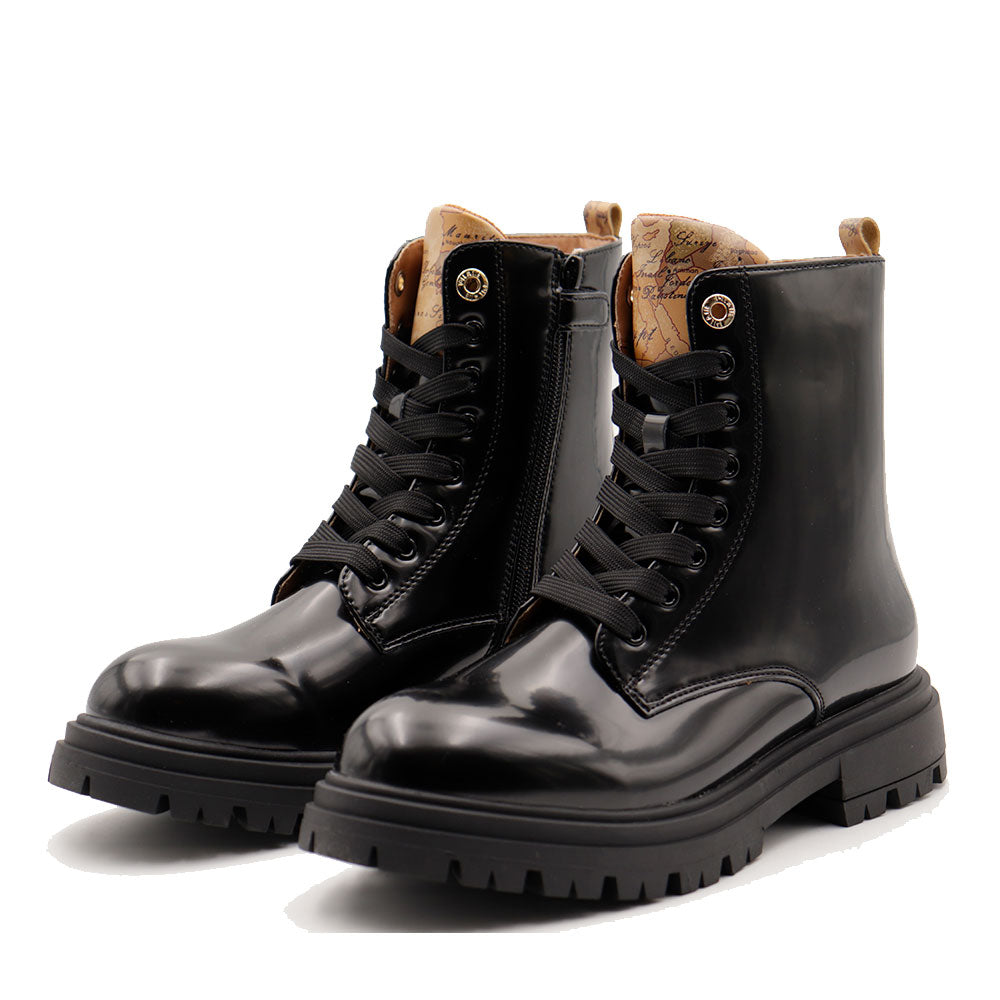 Anfibi 1A Classe Alviero Martini Nero Lucido con Inserto stampa Geo Beige 2313