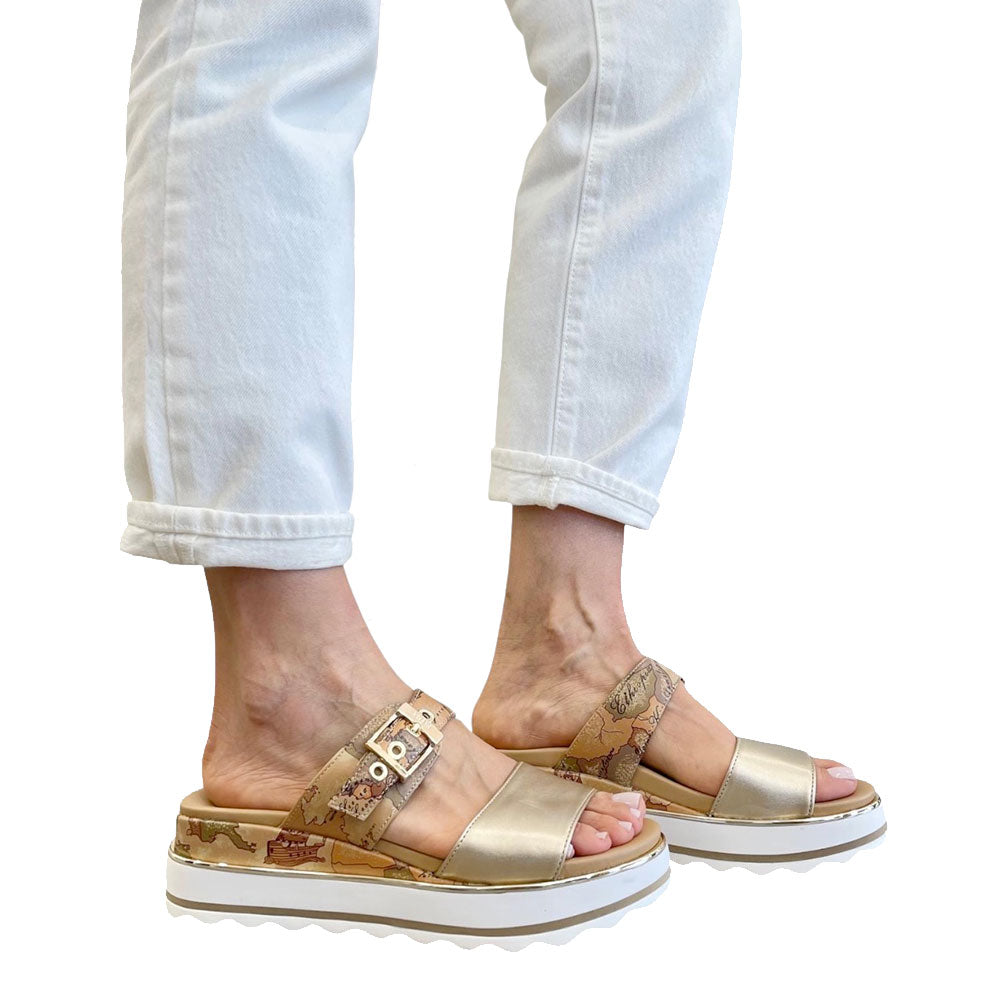 Ciabatte Platform Doppia Fascia 1A Classe Alviero Martini in Eco Nappa Platino e Geo Classic 2465