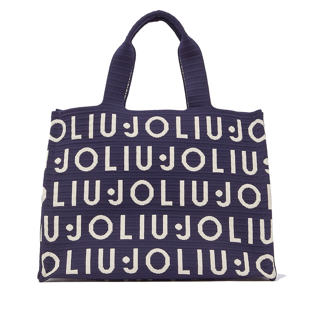 Tote Bag Large LIU JO in Maglia Blu Scuro con Logo Jacquard Bianco
