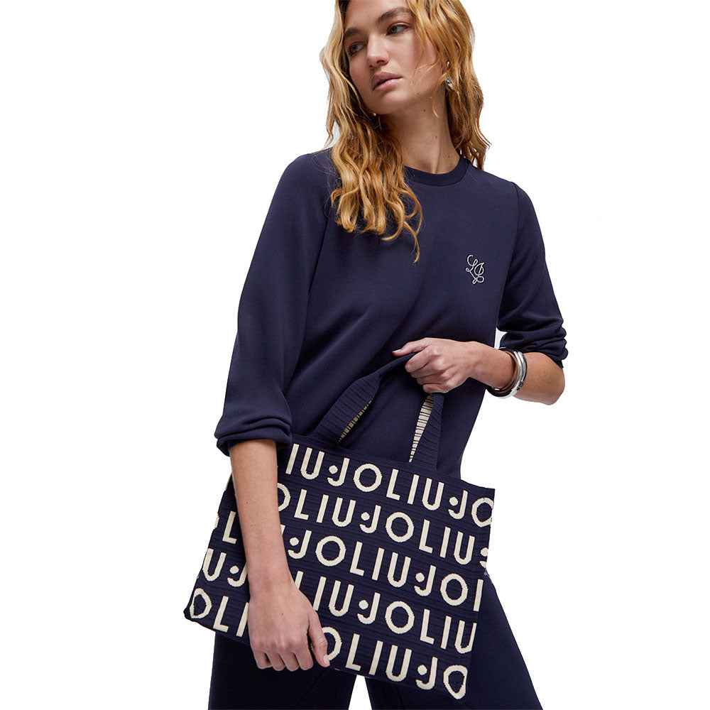 Tote Bag Large LIU JO in Maglia Blu Scuro con Logo Jacquard Bianco