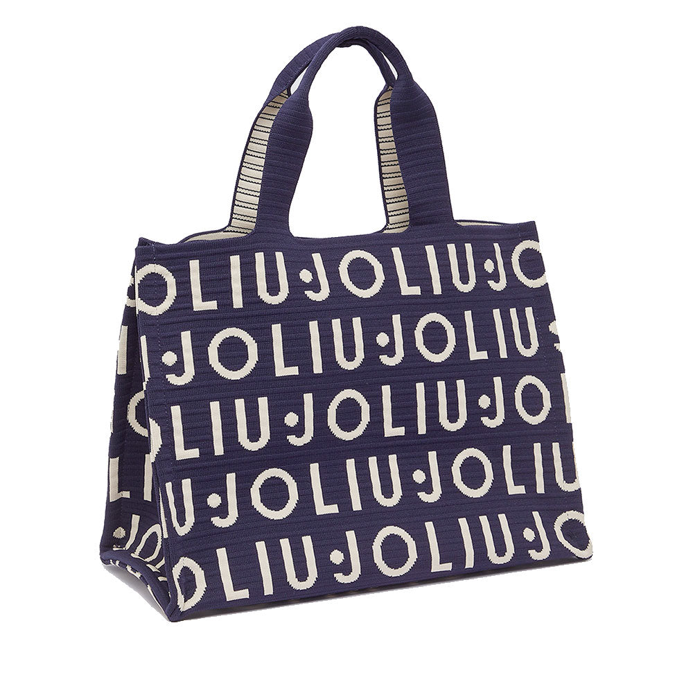 Tote Bag Large LIU JO in Maglia Blu Scuro con Logo Jacquard Bianco