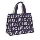Tote Bag Large LIU JO in Maglia Blu Scuro con Logo Jacquard Bianco