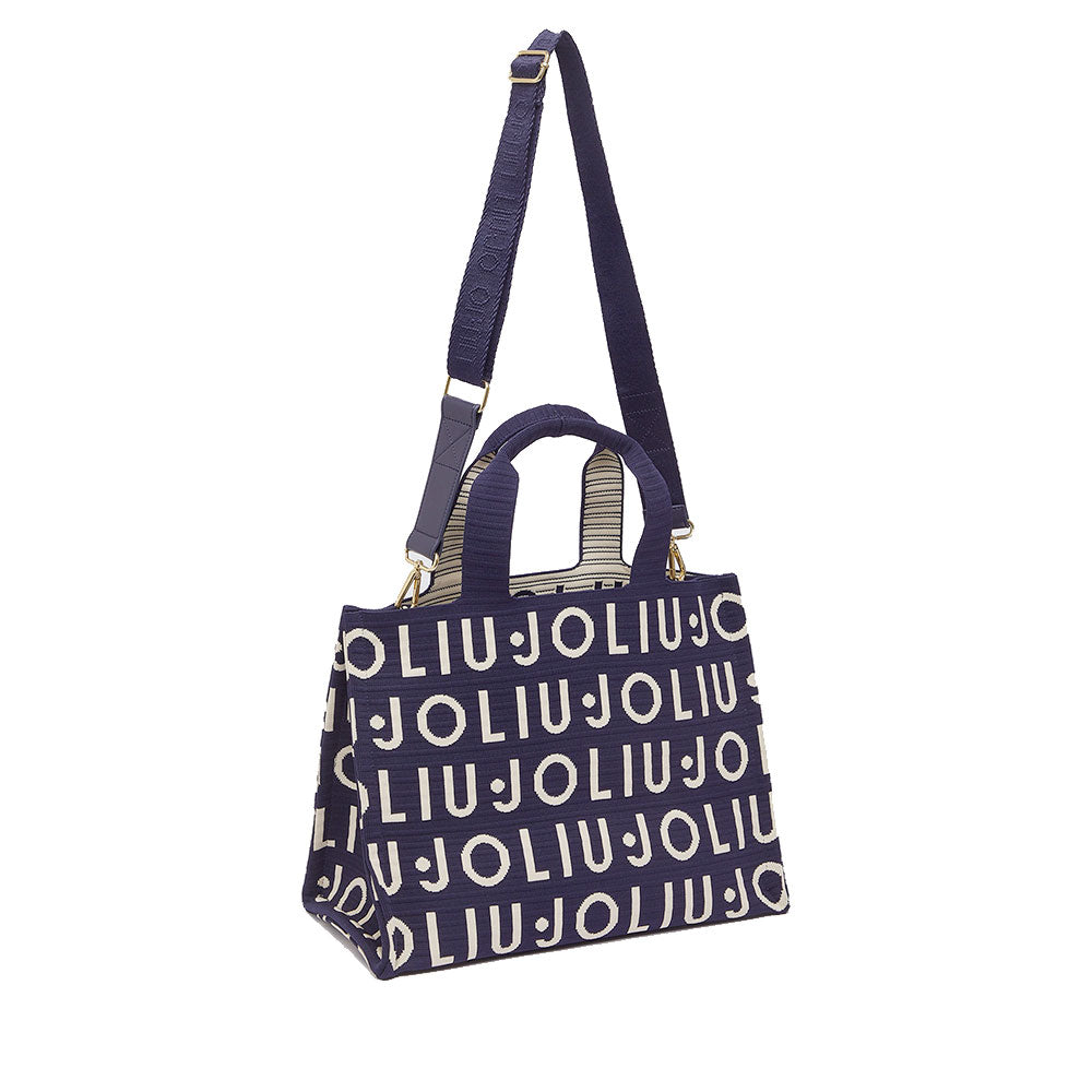 Tote Bag Large LIU JO in Maglia Blu Scuro con Logo Jacquard Bianco