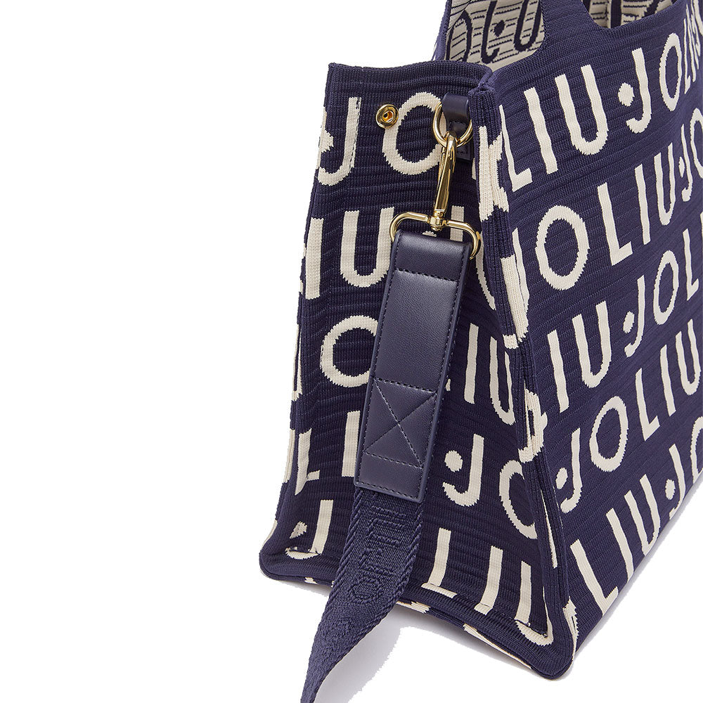 Tote Bag Large LIU JO in Maglia Blu Scuro con Logo Jacquard Bianco