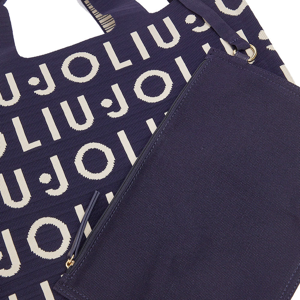 Tote Bag Large LIU JO in Maglia Blu Scuro con Logo Jacquard Bianco