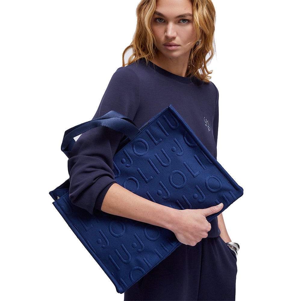 Tote Bag Large LIU JO in Maglia Blu Scuro con Logo Jacquard